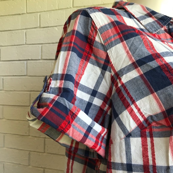 Cotton Shirt Button Down Roll Tab Short Sleeve Red White Blue Woman Within Sz 1X - Picture 5 of 10